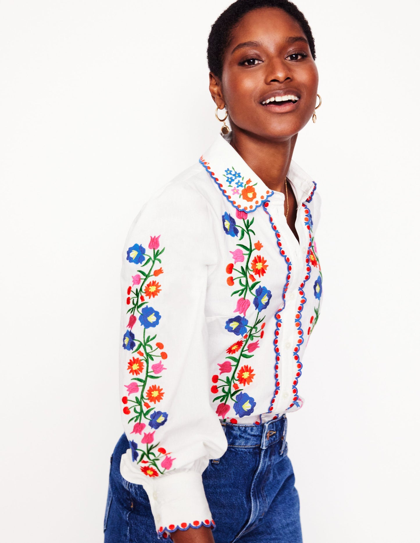 Embroidered Cotton Shirt-White, Floral Embroidery