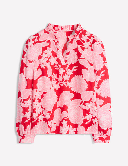 Grace Linen Top-Poppy Red, Blossom Cascade