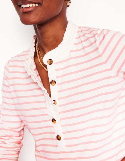 Frill Neck Breton Top-Ivory, Quartz Pink Stripe