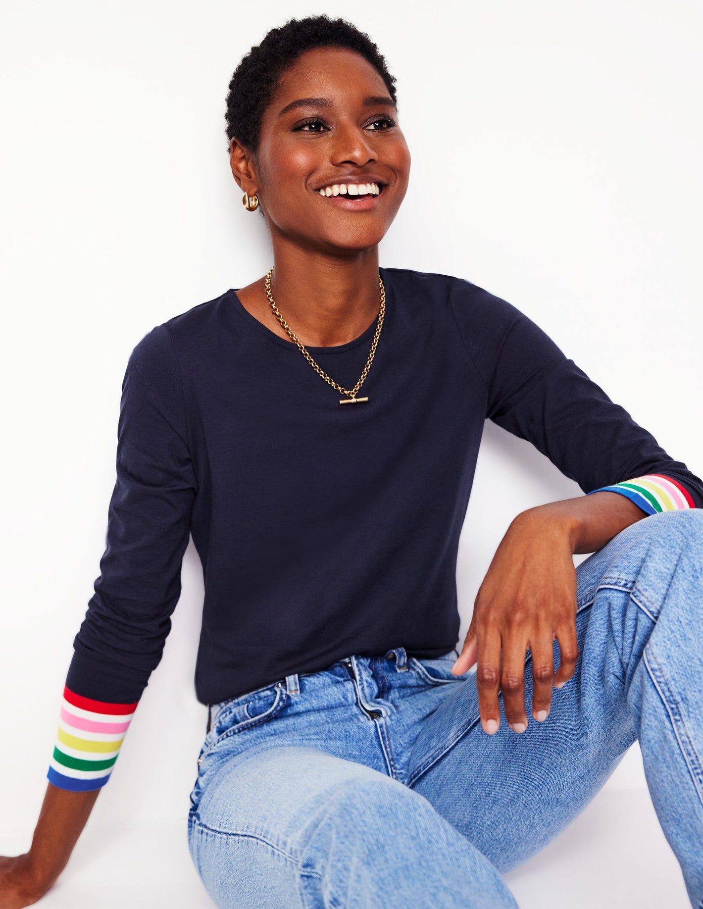 Stripe Cuff Top-Navy Rainbow Stripe Cuff