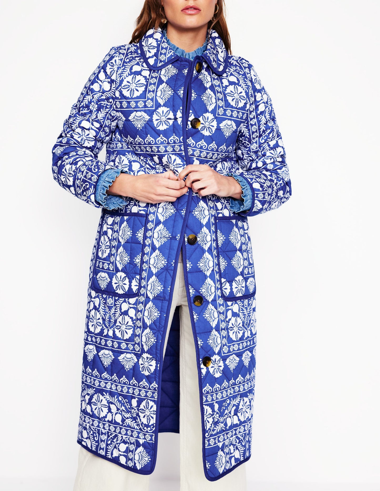 Soft Quilted Coat-Bright Blue, Ornate Stripe