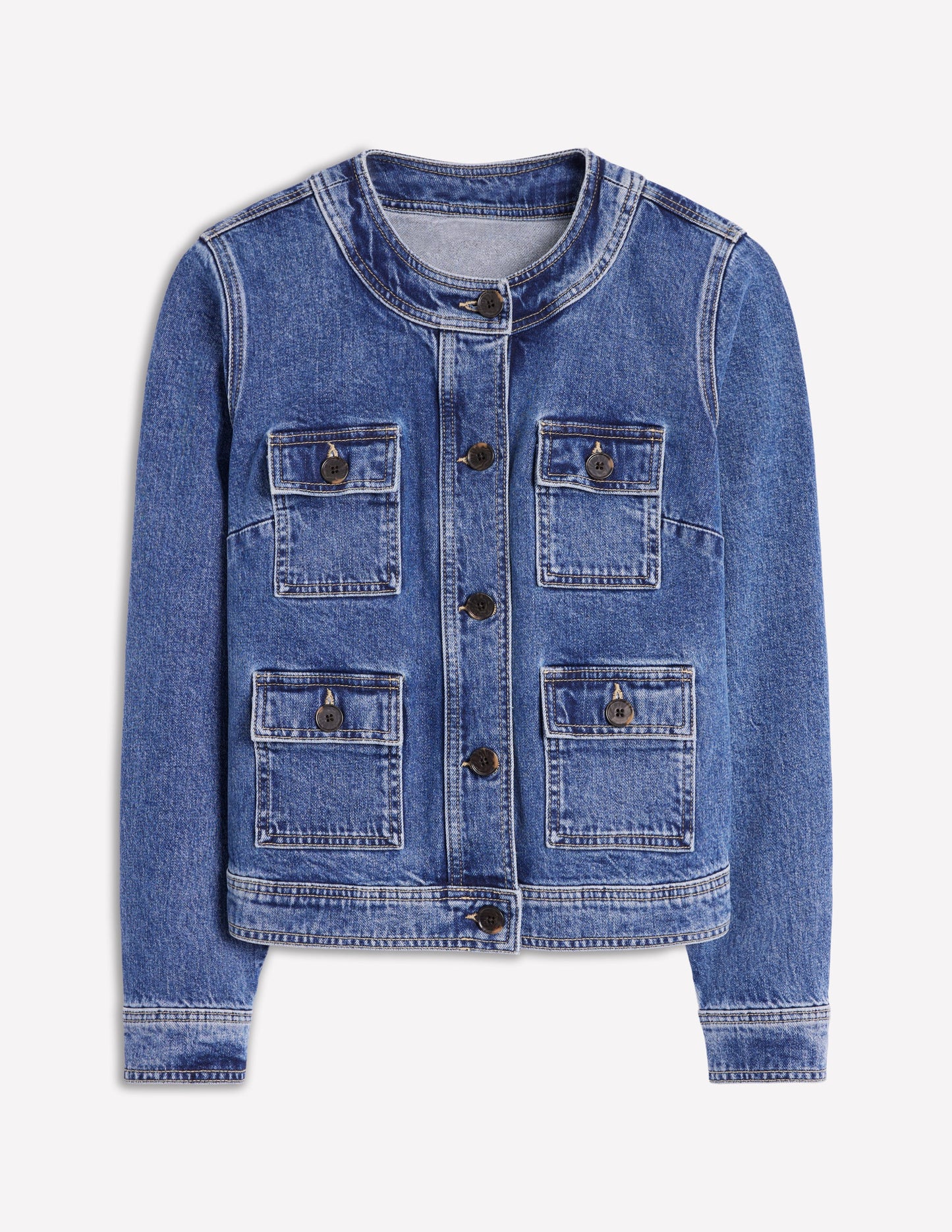 Collarless Casual Jacket-Mid Wash Denim