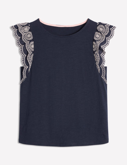 Belle Broderie Sleeve Top-Navy