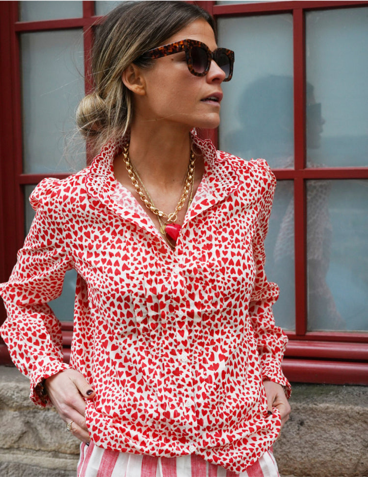 woman wearing heart printed shirt