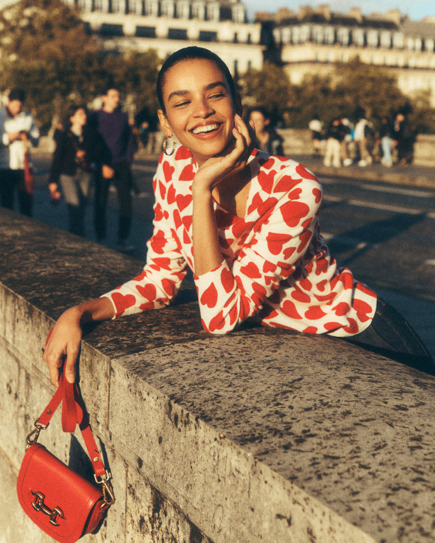 Women wearing a Boden Valentine white with Red heart Valentine print