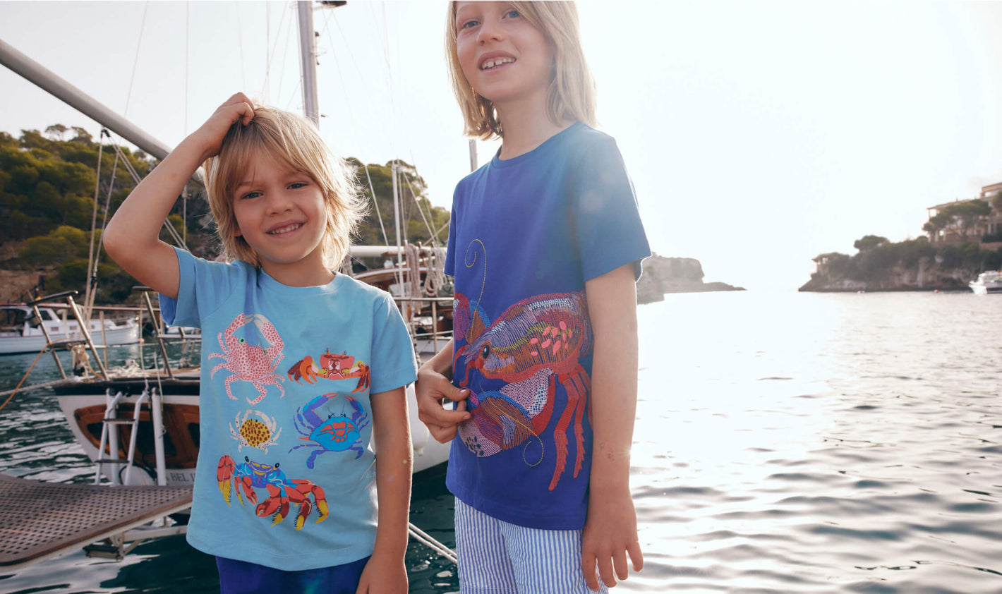 two boys standing on boat 